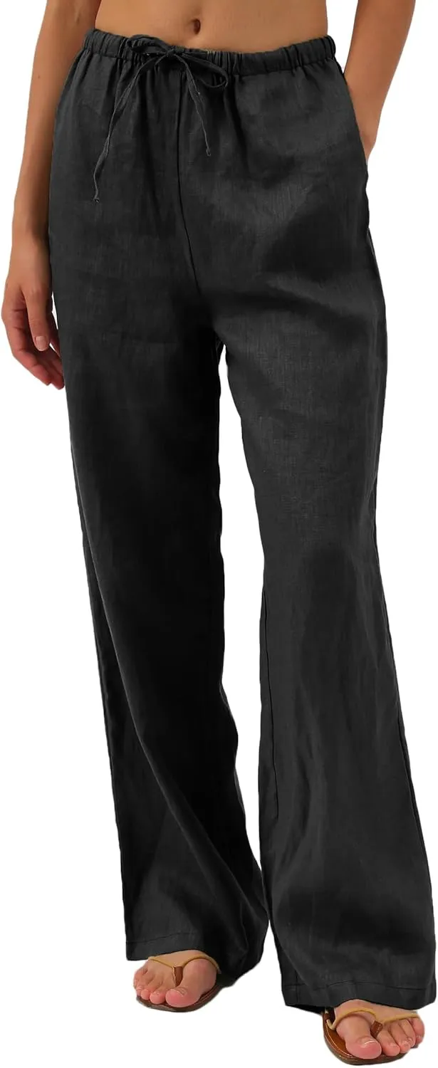 Women's 100% Linen Wide Leg Pants with Pockets