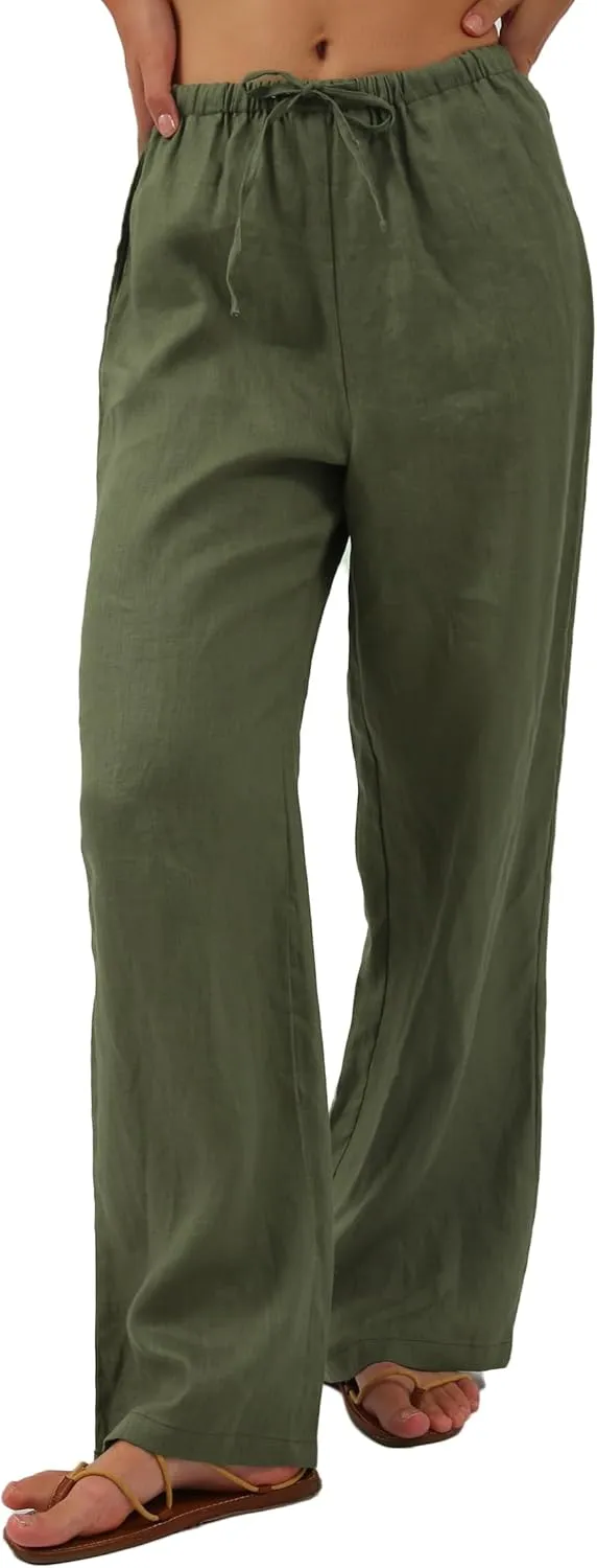 Women's 100% Linen Wide Leg Pants with Pockets