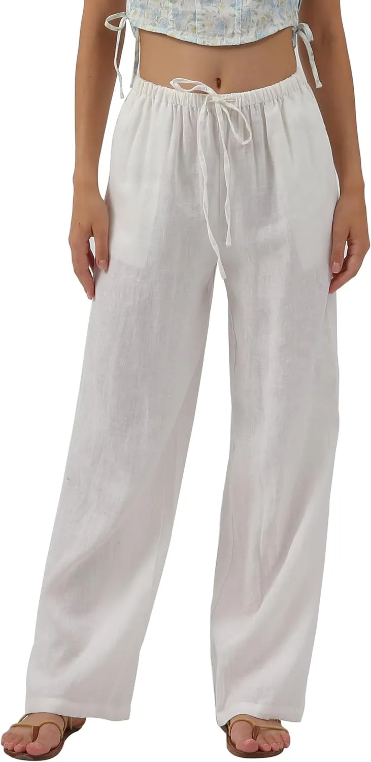 Women's 100% Linen Wide Leg Pants with Pockets