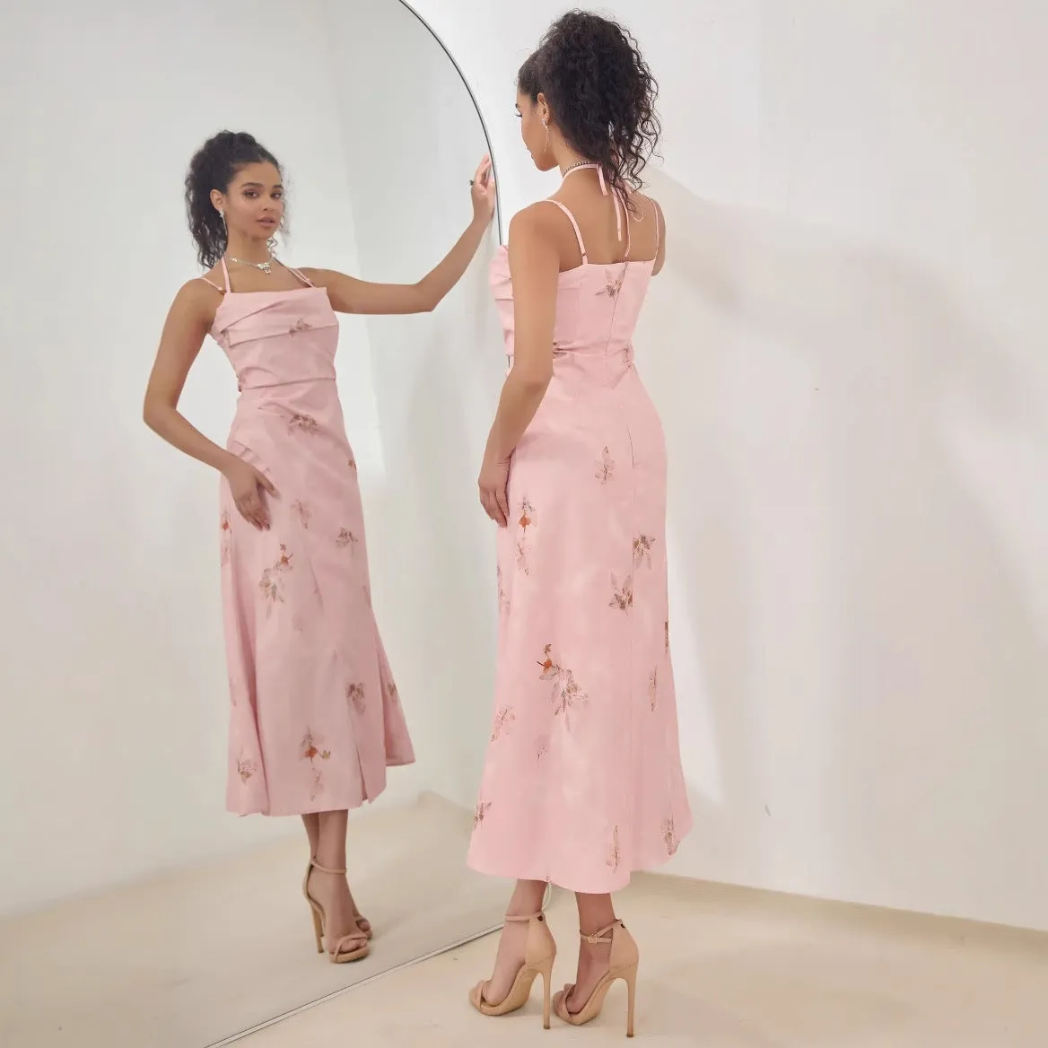Womens Midi Dress  Satin Feel  A-Line Fit  Strappy Floral Formal Wear