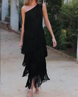 Women's One-Shoulder Fringe Dress - Asymmetric Layered Formal Wear