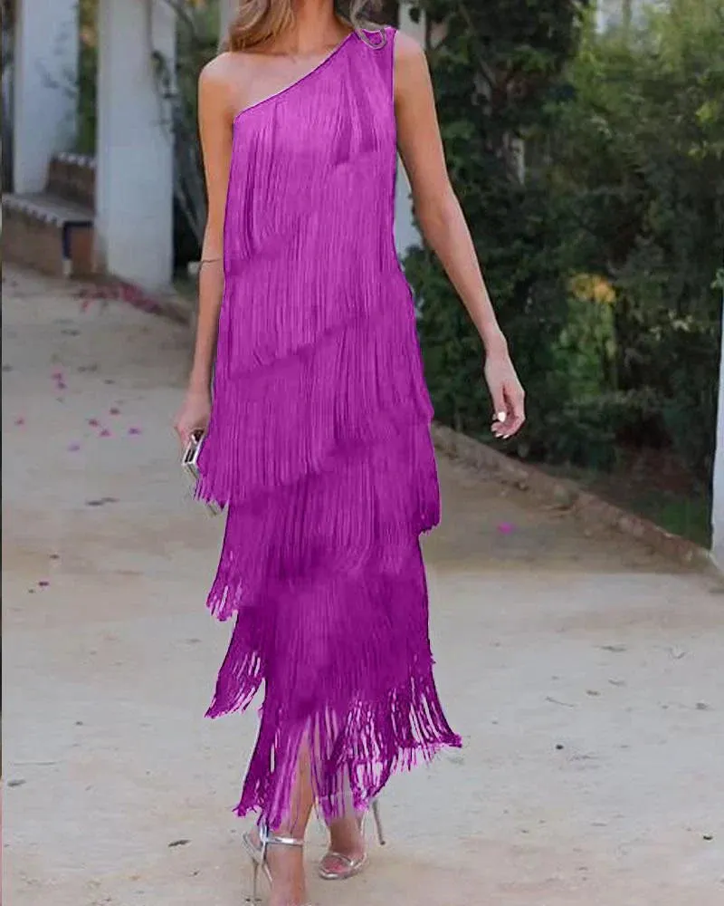 Women's One-Shoulder Fringe Dress - Asymmetric Layered Formal Wear