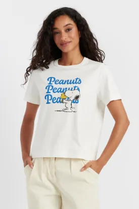 Women's T-shirt Chinti and Parker Cream Cotton Snoopy & Woodstock Print Short Sleeve Size XS-3L